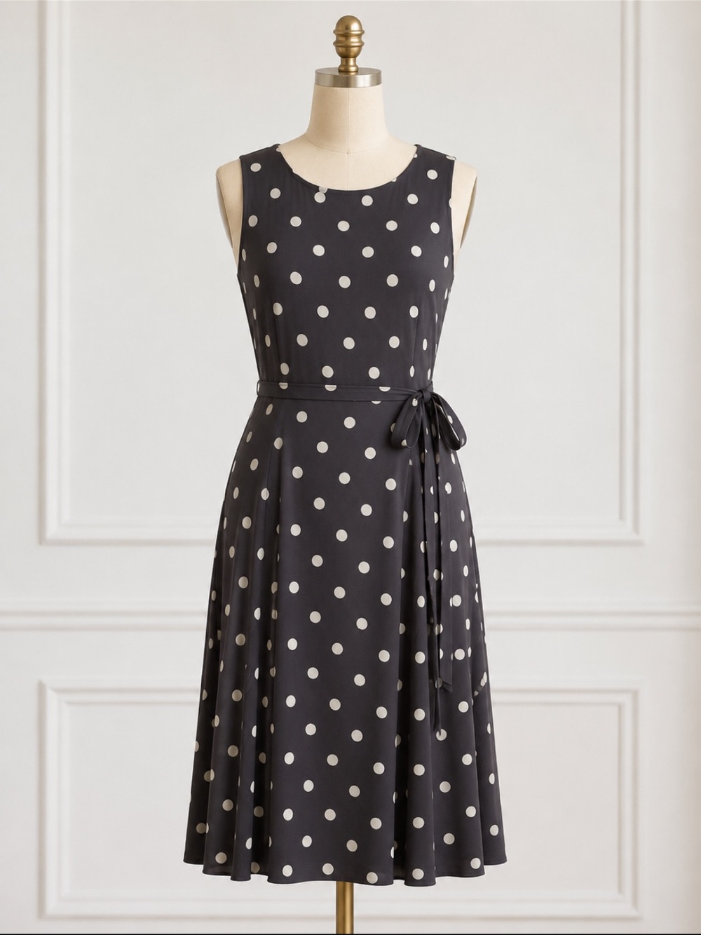 Anne Klein Black Polka Dot Midi Dress with Self-Tie Waist